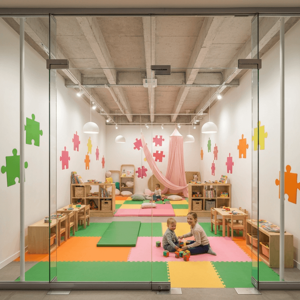 Interior del espacio de juegos decorado con colores vibrantes